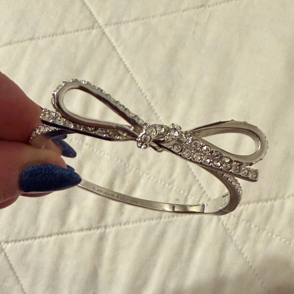 Kate Spade ♠️ New York Silver Tone Pave Tied Up Bow Hinge Bangle Bracelet